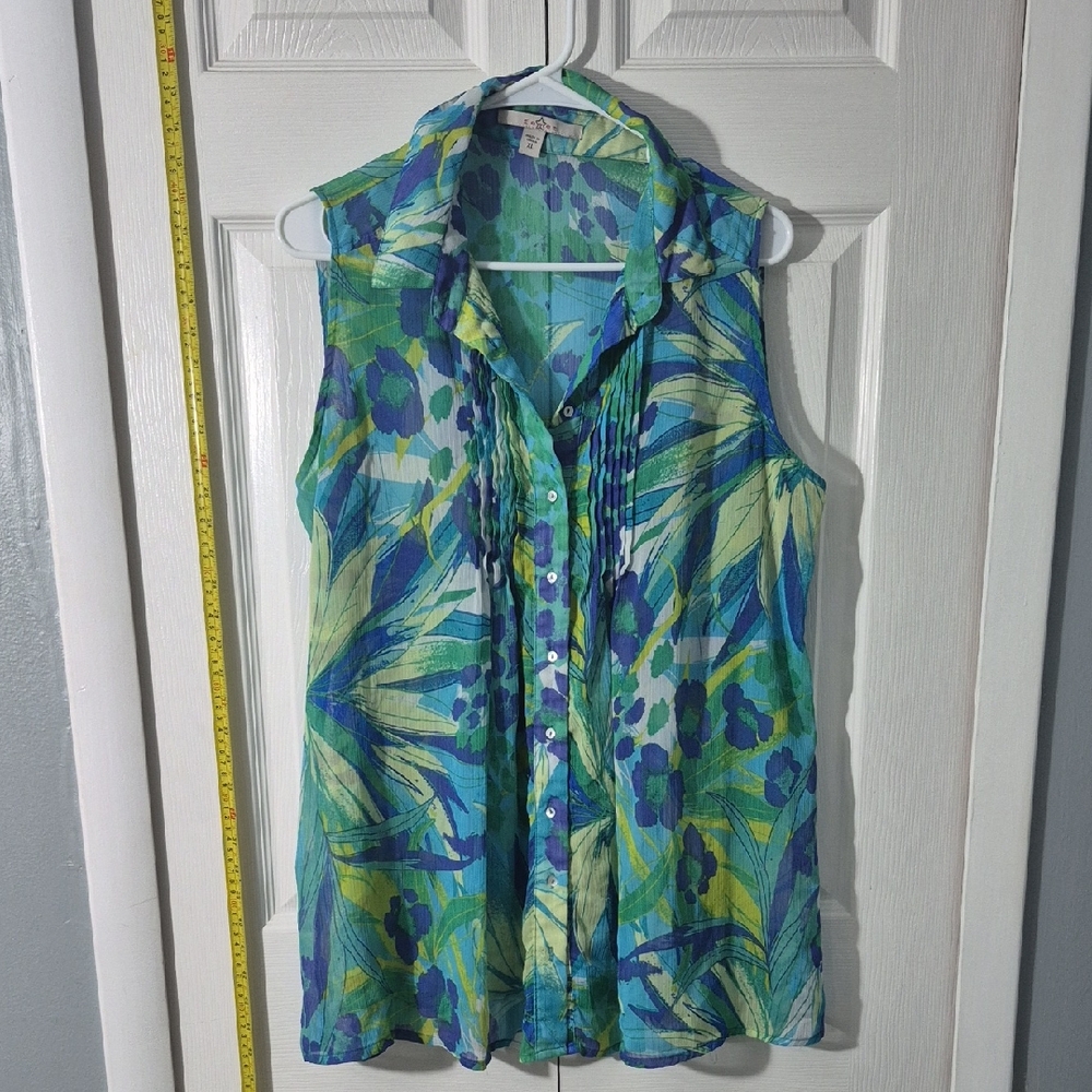 😺 2 for$12 Or 3 for$15 😺Floral Sleeveless Blouse - Blue and Green